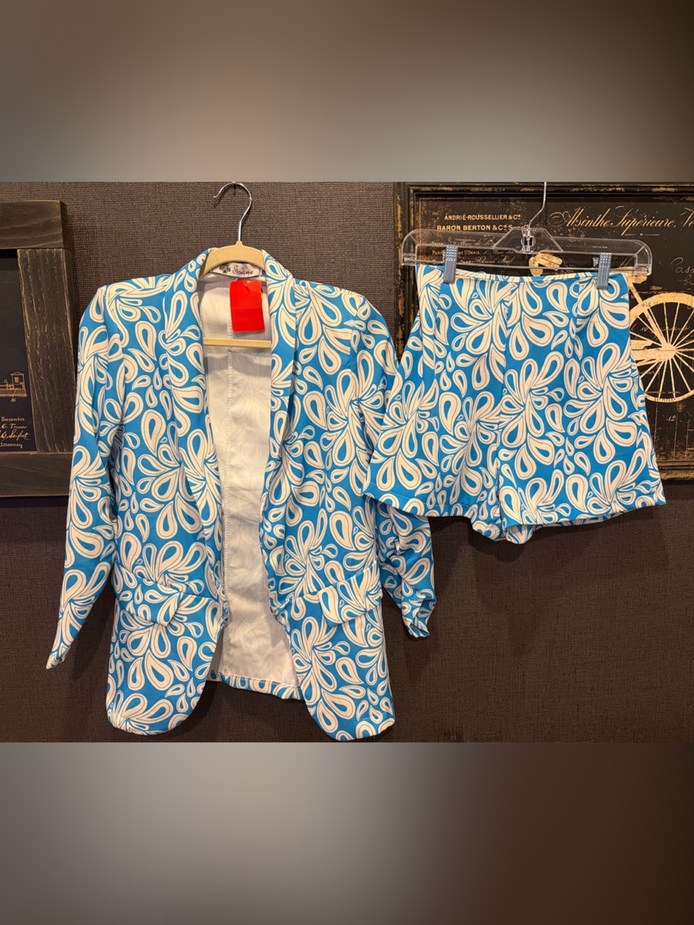 TOWNSEN Blue and White Paisley Two-Piece Blazer & Short Set